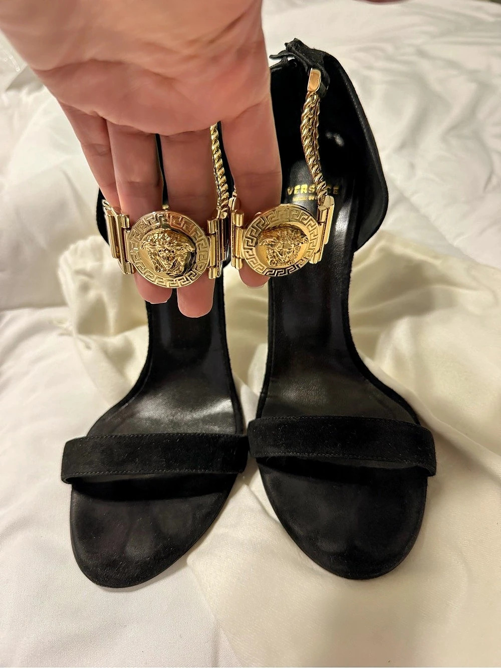 Versace Medusa Chain Ankle Strap Heel Sandals Black & Gold